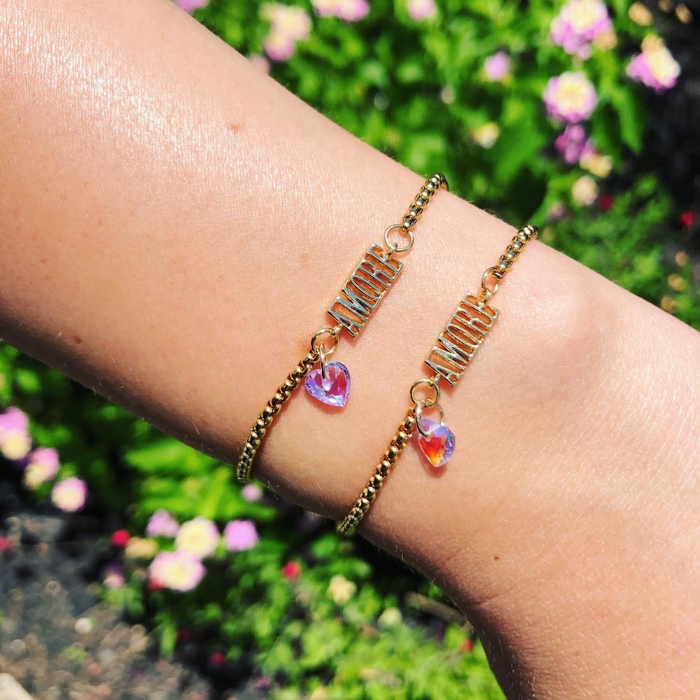 Amore bracelets handmade, gold tone stainless steal adjustable cubic zirconia